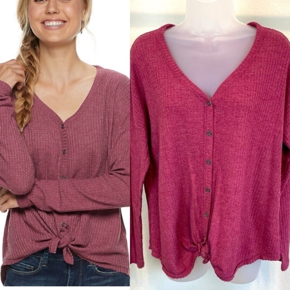 Mudd Women’s Long Sleeve Shirt Large Pink Stretch Waffle Knit Contemporary